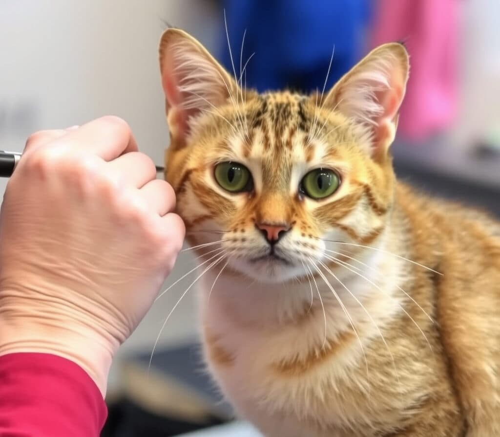 A tabby cat being gently combed around the face and neck